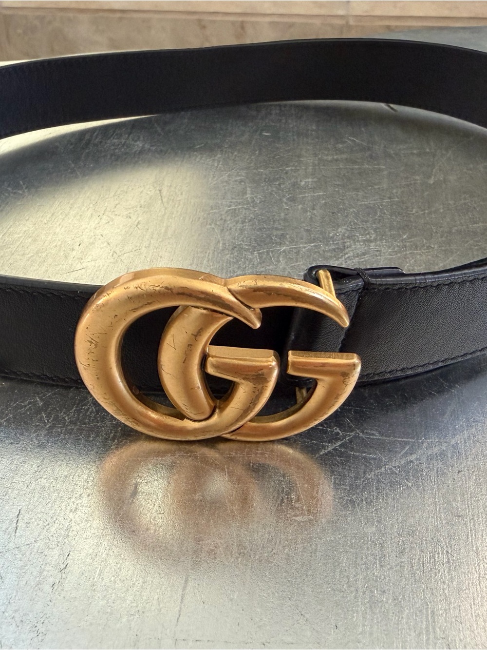 Gucci Black Leather Belt with Antiqued Gold Double G Buckle